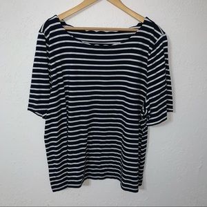 Talbots Dark Navy and White Striped Scalloped Neckline Short Sleeved Top.